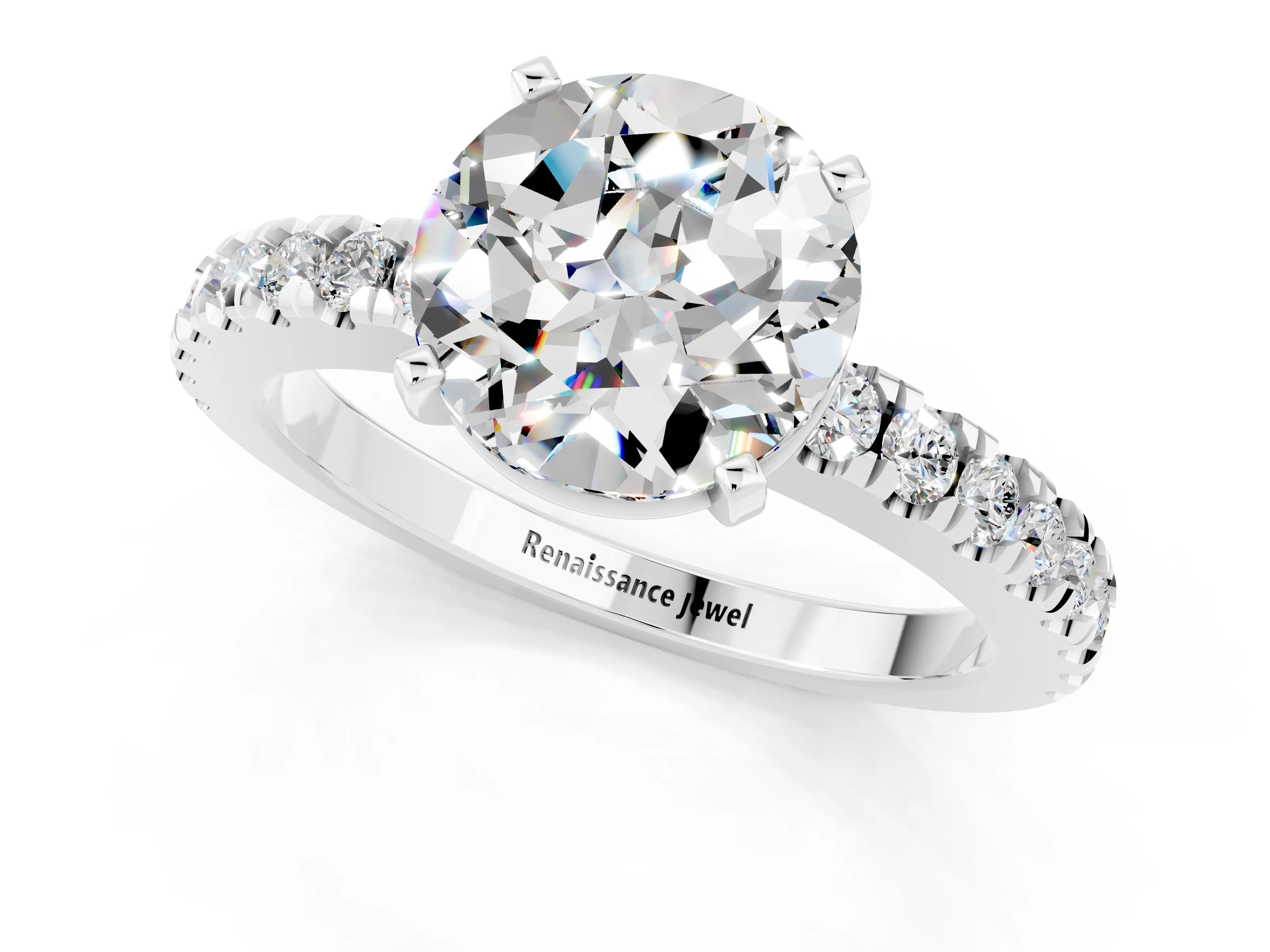 White gold Round Cut Solitaire Diamond with Pavé Band and Four-Prong Setting_1