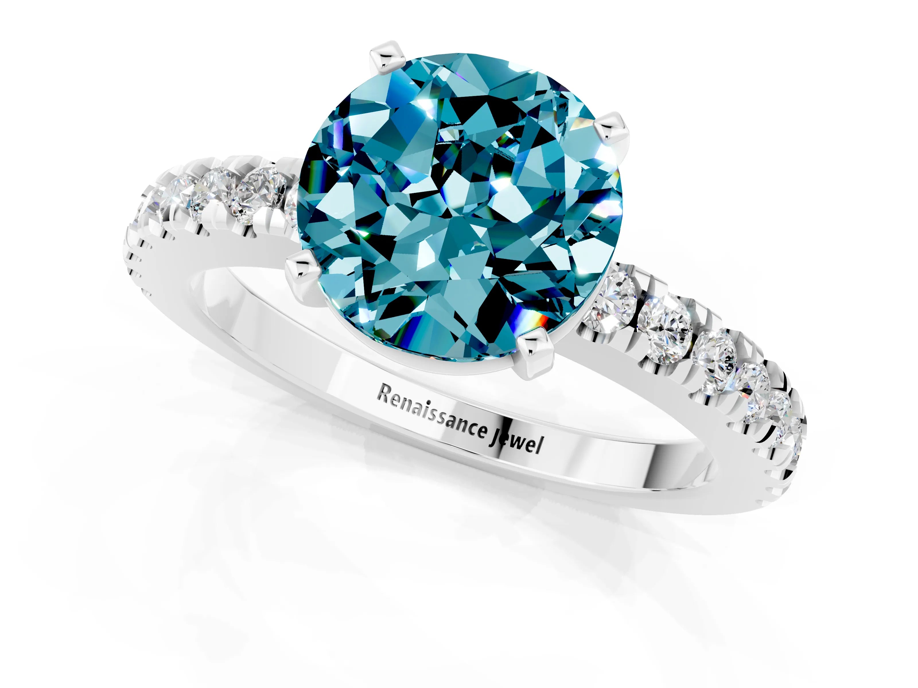 White gold Round Cut Solitaire Diamond with Pavé Band and Four-Prong Setting_1