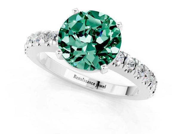 Silver Round Cut Solitaire Green Sapphire with Pavé Band and Four-Prong Setting