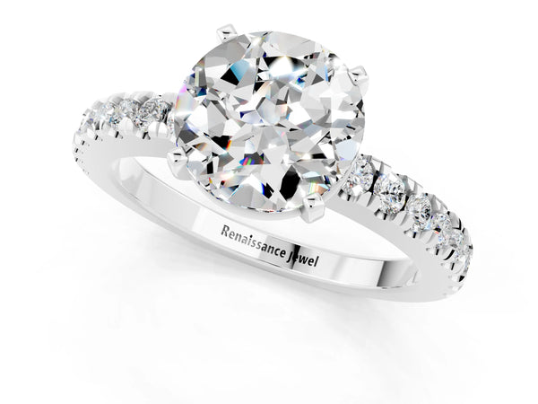 White gold Round Cut Solitaire Moissanite with Pavé Band and Four-Prong Setting