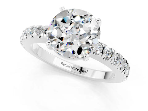 White gold Round Cut Solitaire Diamond with Pavé Band and Four-Prong Setting_1