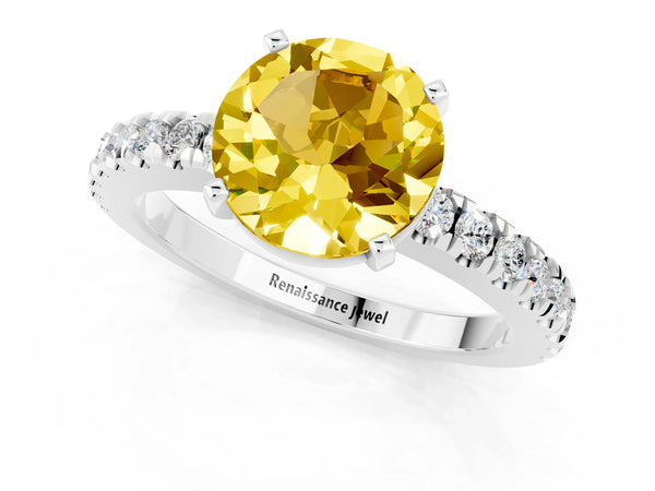 White gold Round Cut Solitaire Yellow Sapphire with Pavé Band and Four-Prong Setting