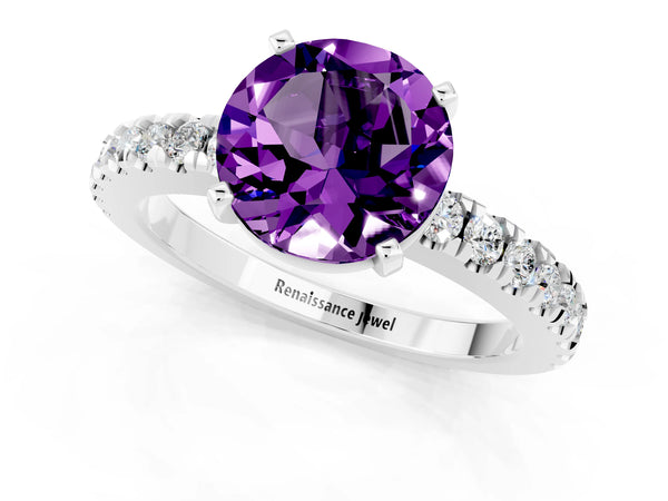Silver Round Cut Solitaire Amethyst with Pavé Band and Four-Prong Setting