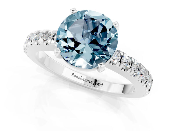 Platinum Round Cut Solitaire Aquamarine with Pavé Band and Four-Prong Setting