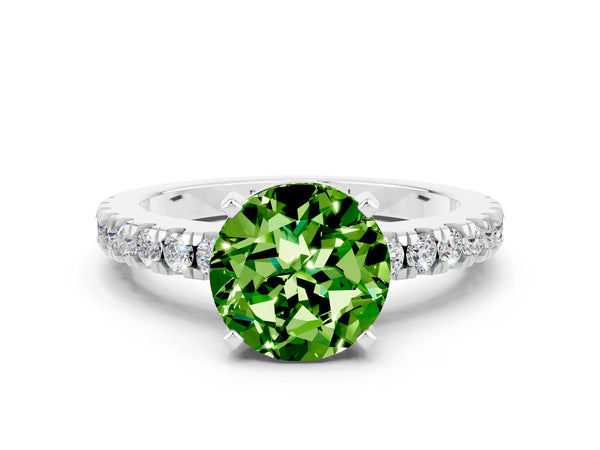Platinum Round Cut Solitaire Peridot with Pavé Band and Four-Prong Setting