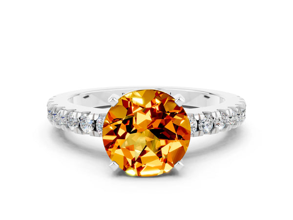 Platinum Round Cut Solitaire Citrine with Pavé Band and Four-Prong Setting