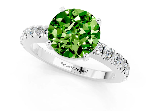 Platinum Round Cut Solitaire Peridot with Pavé Band and Four-Prong Setting