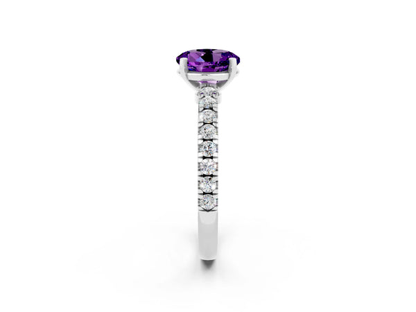 Silver Round Cut Solitaire Amethyst with Pavé Band and Four-Prong Setting