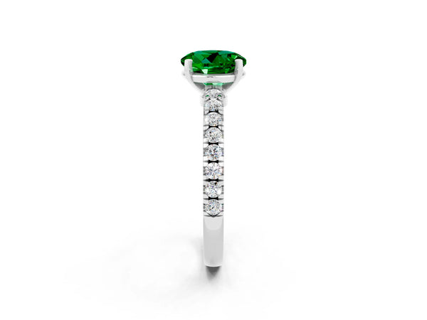 Silver Round Cut Solitaire Emerald with Pavé Band and Four-Prong Setting