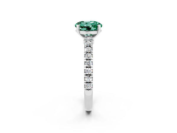 Silver Round Cut Solitaire Green Sapphire with Pavé Band and Four-Prong Setting