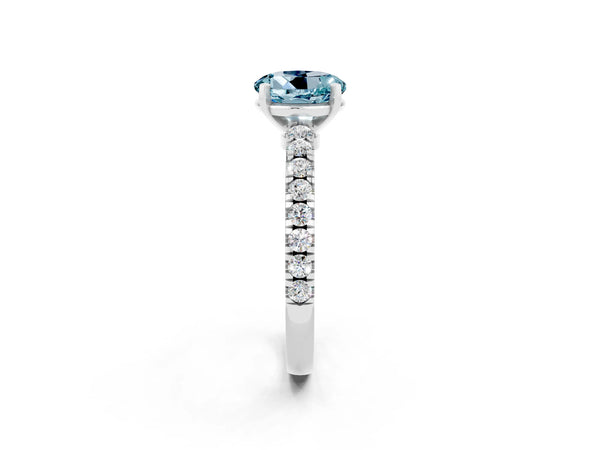 Platinum Round Cut Solitaire Aquamarine with Pavé Band and Four-Prong Setting