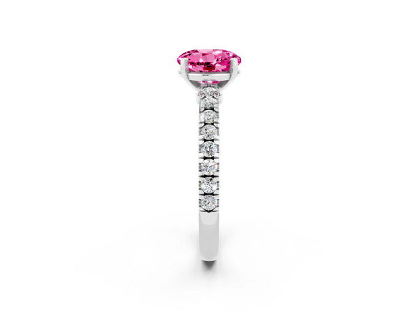 Silver Round Cut Solitaire Pink Sapphire with Pavé Band and Four-Prong Setting
