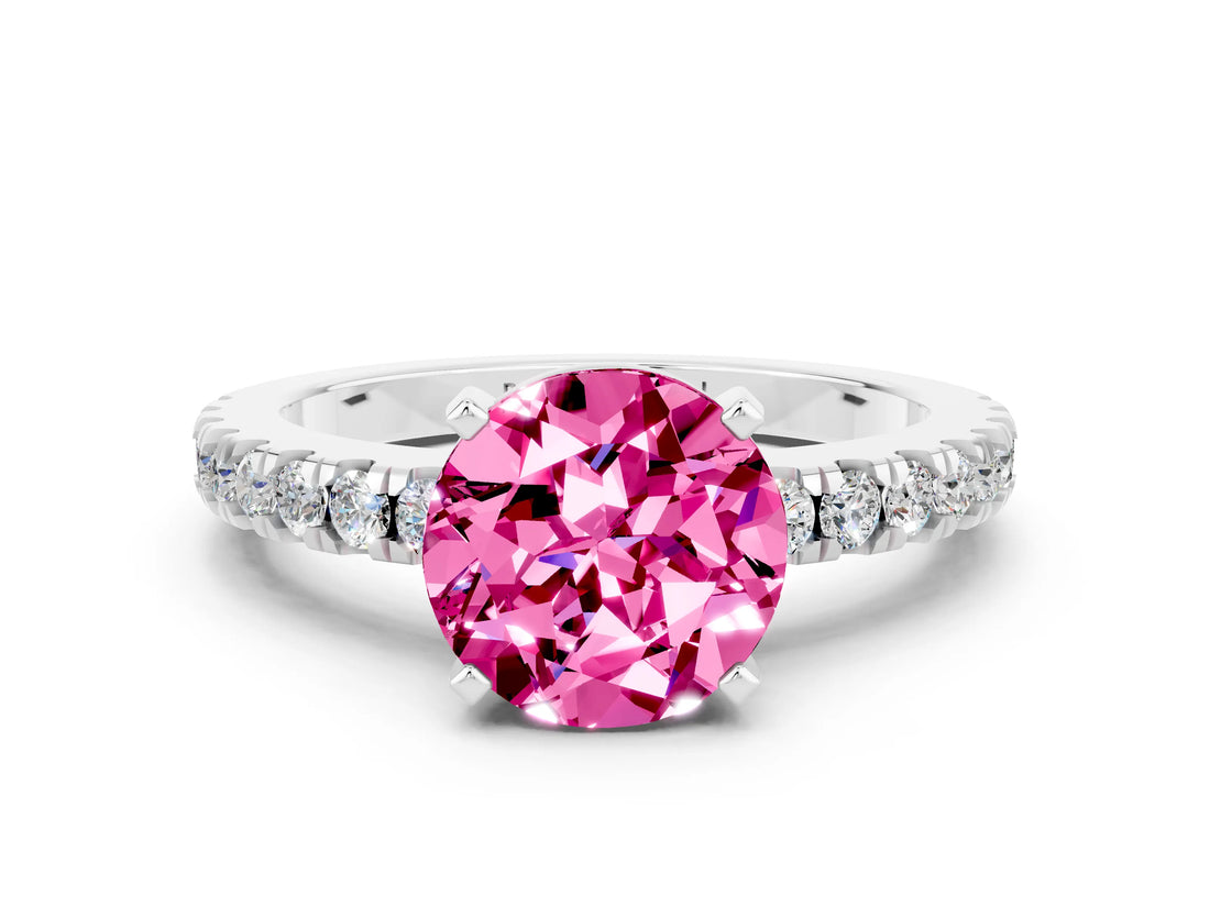 White gold Round Cut Solitaire Diamond with Pavé Band and Four-Prong Setting