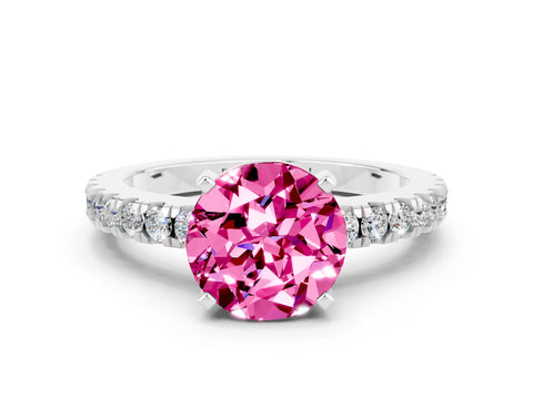 White gold Round Cut Solitaire Diamond with Pavé Band and Four-Prong Setting