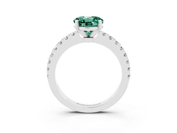 White gold Round Cut Solitaire Green Sapphire with Pavé Band and Four-Prong Setting