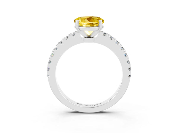 Silver Round Cut Solitaire Yellow Sapphire with Pavé Band and Four-Prong Setting