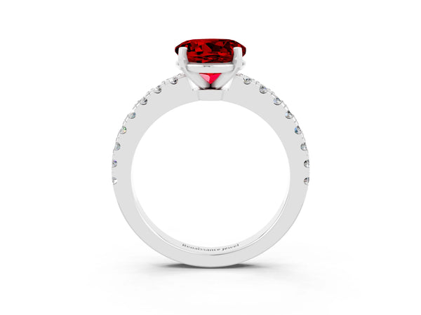 Silver Round Cut Solitaire Ruby with Pavé Band and Four-Prong Setting