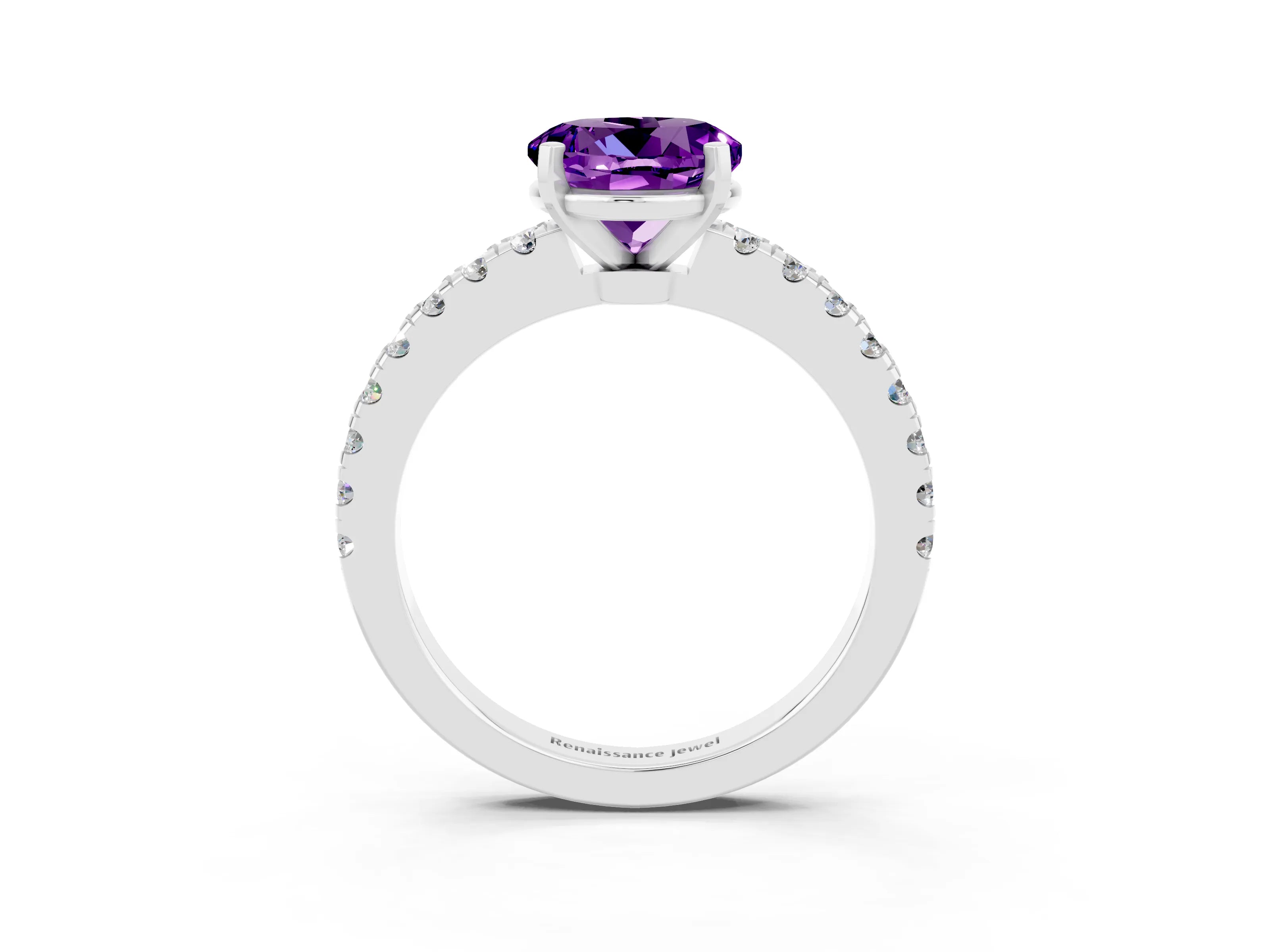 White gold Round Cut Solitaire Diamond with Pavé Band and Four-Prong Setting_3