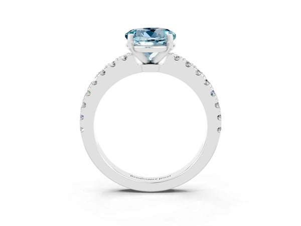 Platinum Round Cut Solitaire Aquamarine with Pavé Band and Four-Prong Setting