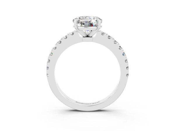 Silver Round Cut Solitaire Moissanite with Pavé Band and Four-Prong Setting