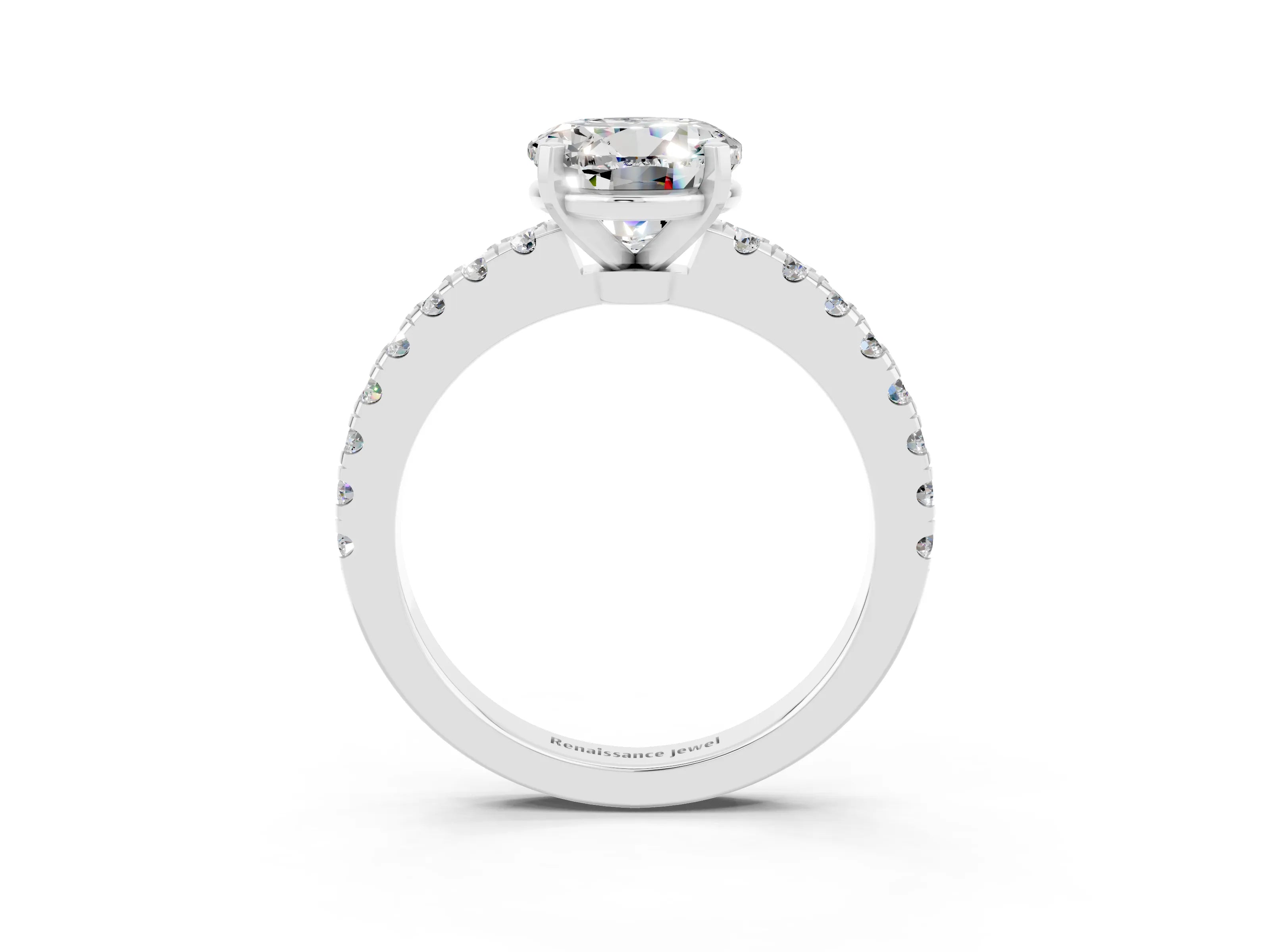 White gold Round Cut Solitaire Diamond with Pavé Band and Four-Prong Setting_3