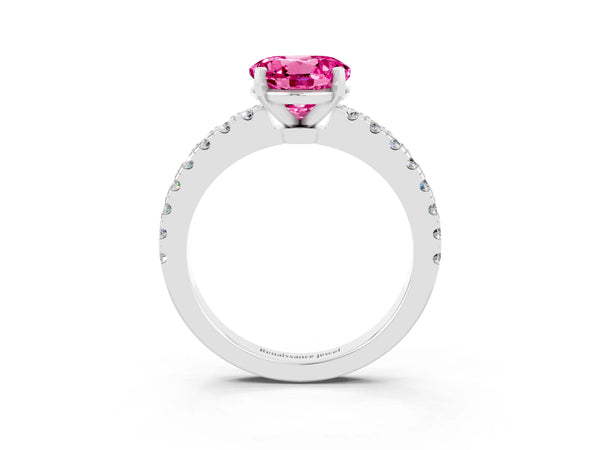 Platinum Round Cut Solitaire Pink Sapphire with Pavé Band and Four-Prong Setting