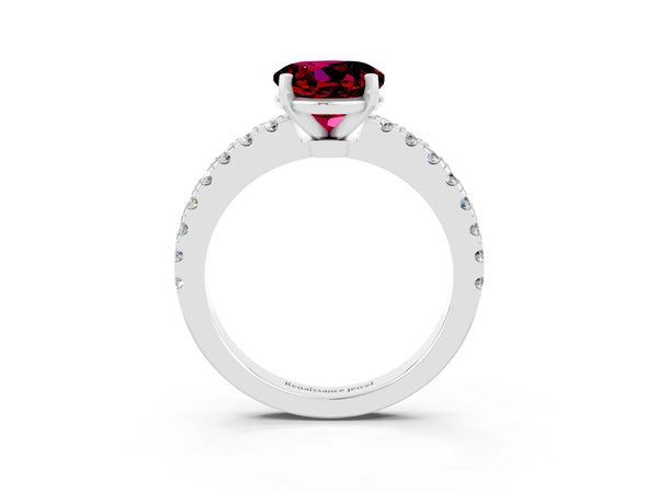 White gold Round Cut Solitaire Garnet with Pavé Band and Four-Prong Setting