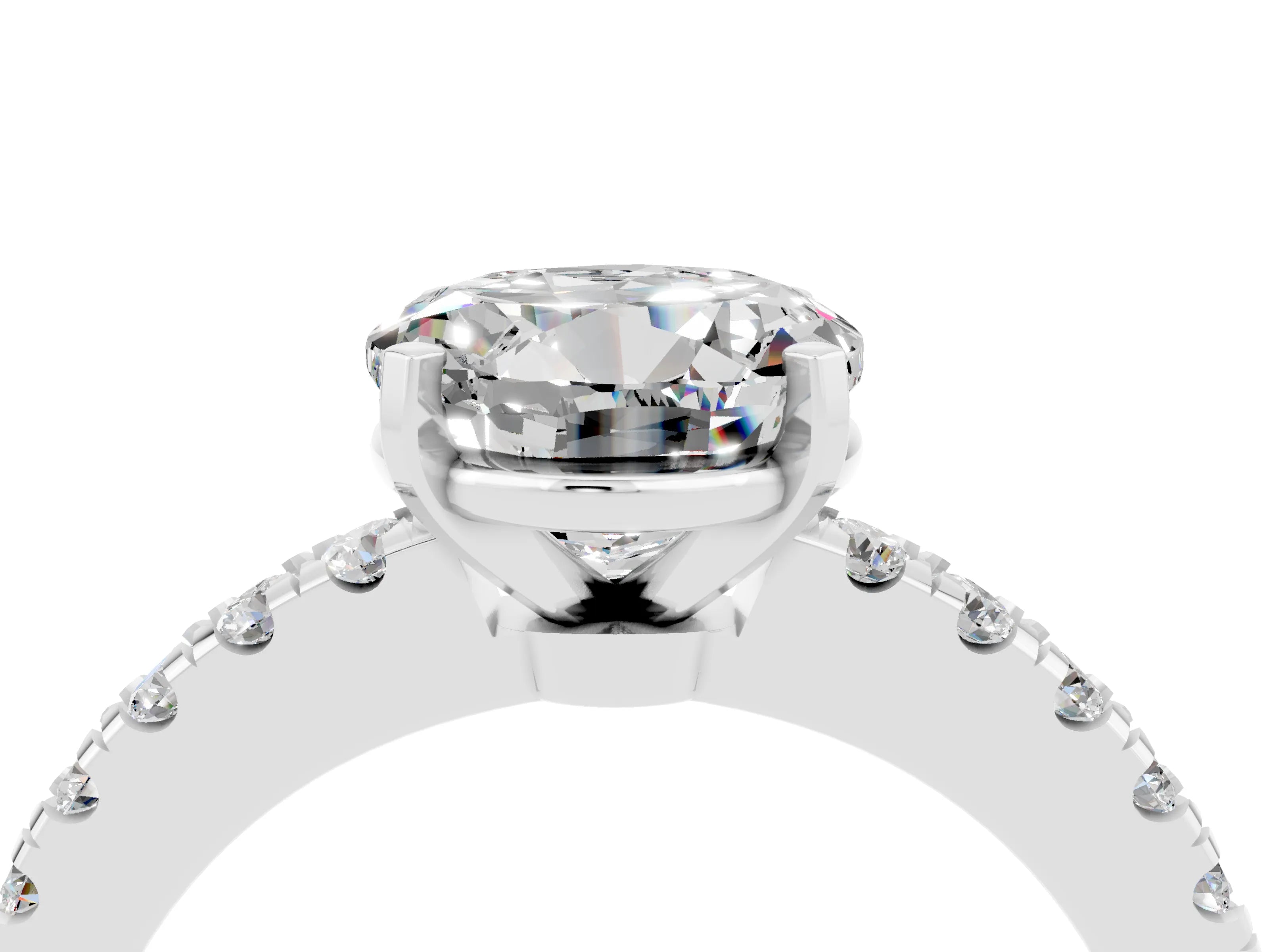 White gold Round Cut Solitaire Diamond with Pavé Band and Four-Prong Setting_4