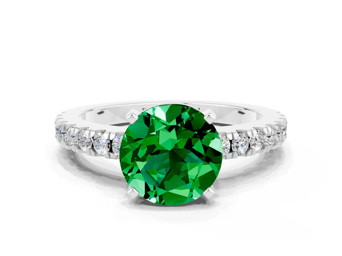 White gold Round Cut Solitaire Diamond with Pavé Band and Four-Prong Setting