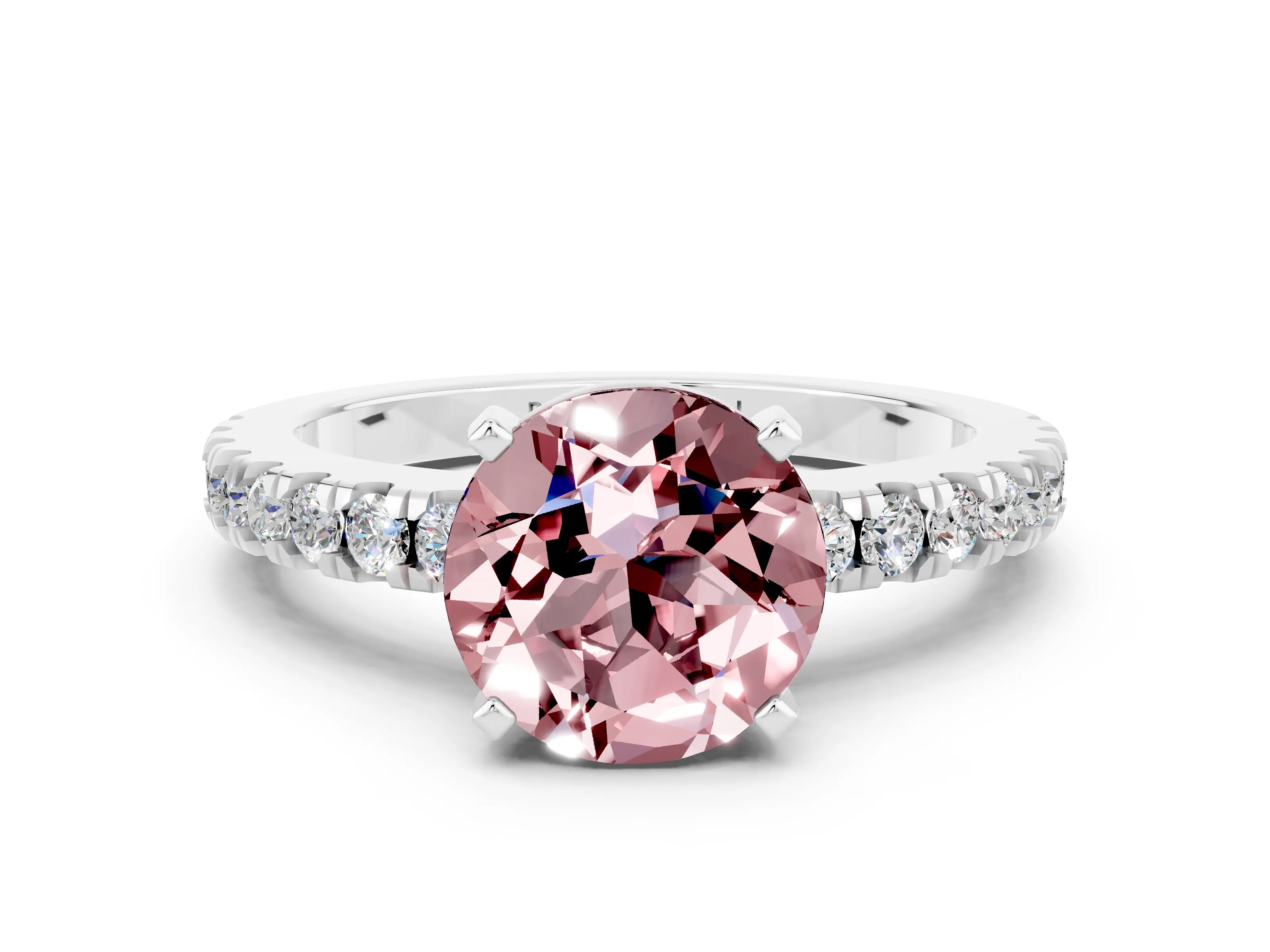 White gold Round Cut Solitaire Diamond with Pavé Band and Four-Prong Setting