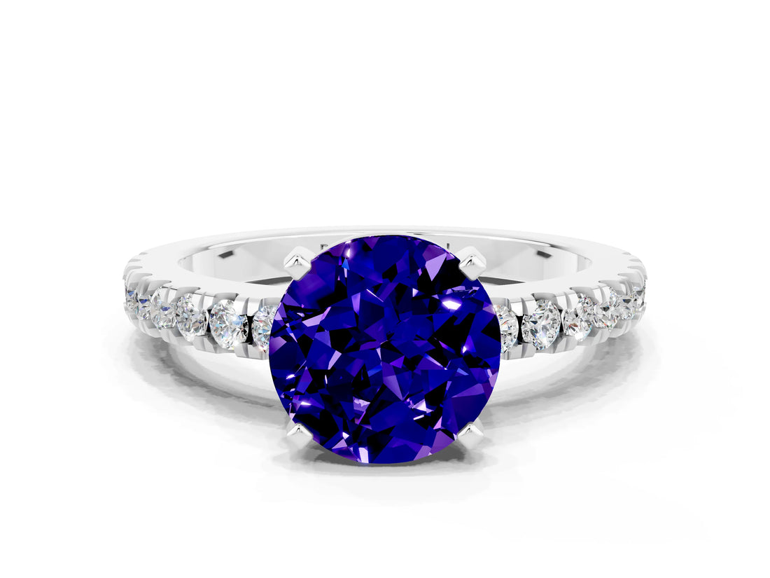 White gold Round Cut Solitaire Diamond with Pavé Band and Four-Prong Setting