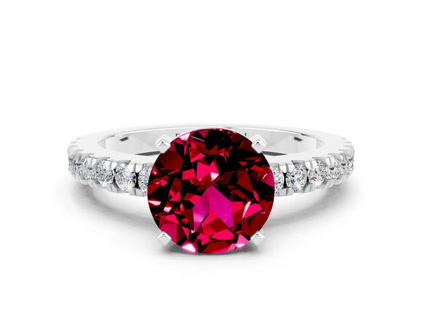 White gold Round Cut Solitaire Garnet with Pavé Band and Four-Prong Setting