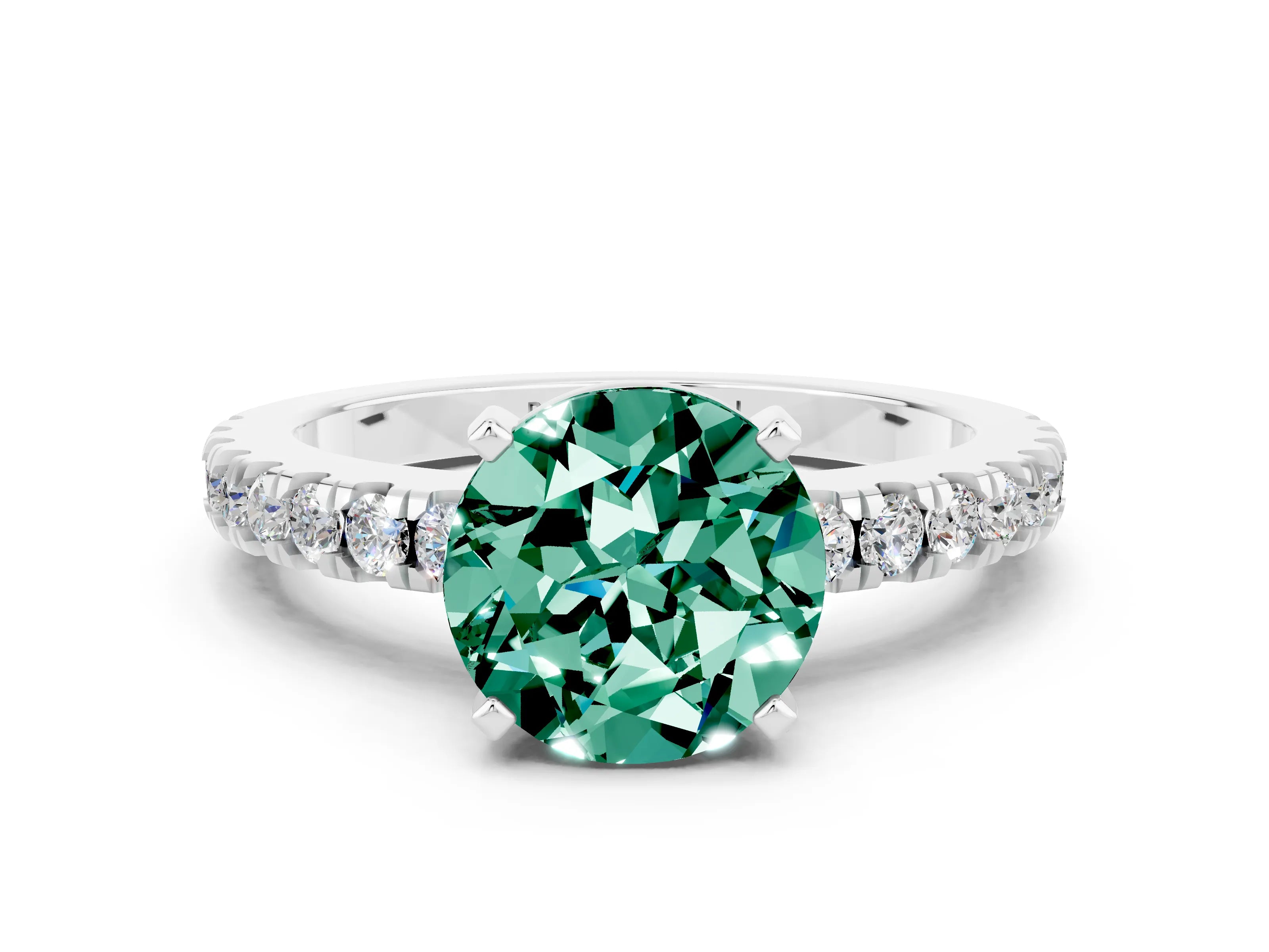 White gold Round Cut Solitaire Diamond with Pavé Band and Four-Prong Setting