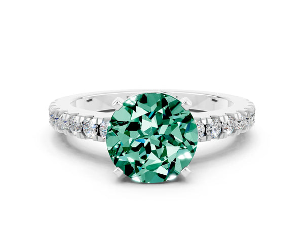 Silver Round Cut Solitaire Green Sapphire with Pavé Band and Four-Prong Setting