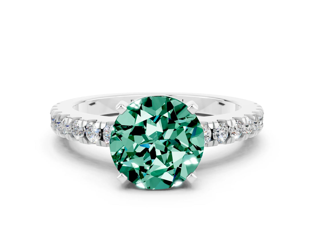 White gold Round Cut Solitaire Diamond with Pavé Band and Four-Prong Setting