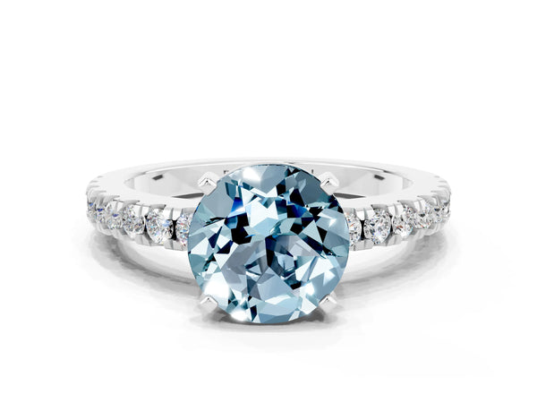 Platinum Round Cut Solitaire Aquamarine with Pavé Band and Four-Prong Setting
