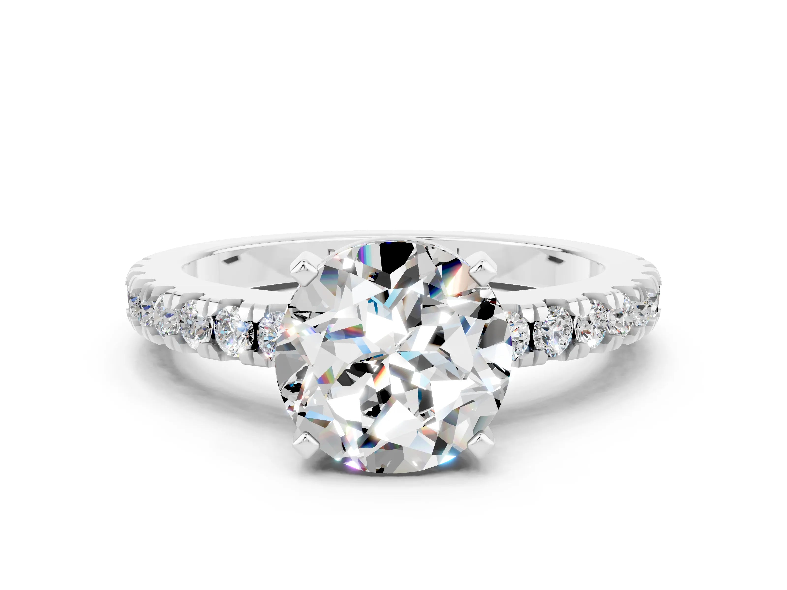 White gold Round Cut Solitaire Diamond with Pavé Band and Four-Prong Setting