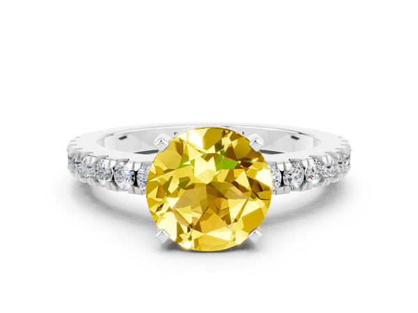 White gold Round Cut Solitaire Yellow Sapphire with Pavé Band and Four-Prong Setting