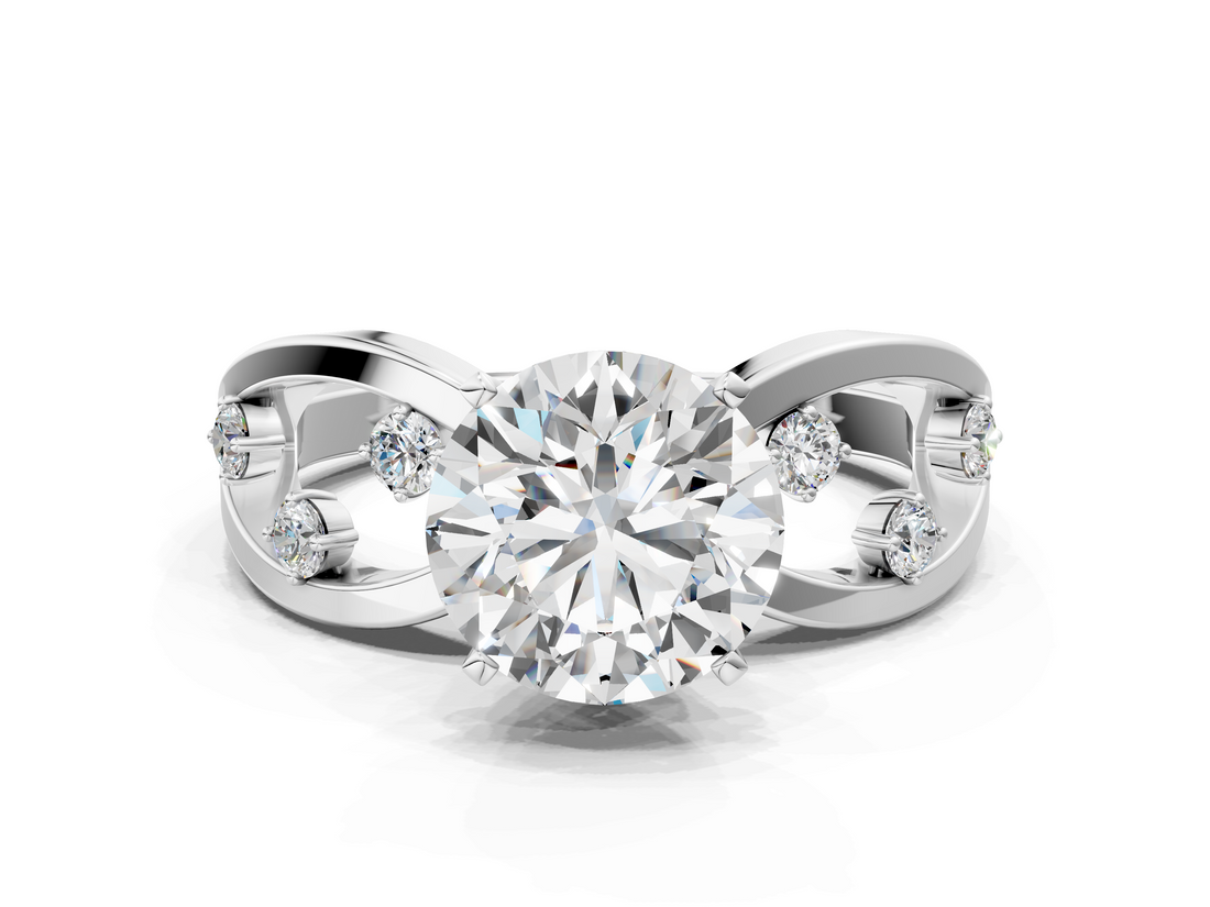 White gold Round Cut Solitaire Diamond with Side Stones on Criss-Cross Band and Four-Prong Setting_23