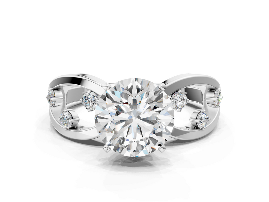White gold Round Cut Solitaire Diamond with Side Stones on Criss-Cross Band and Four-Prong Setting