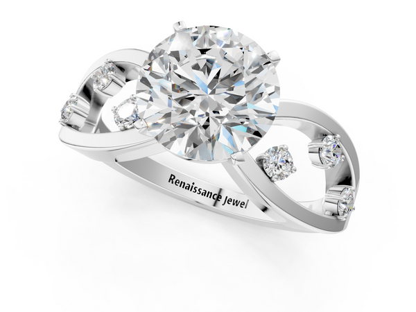 White gold Round Cut Solitaire Diamond with Side Stones on Criss-Cross Band and Four-Prong Setting