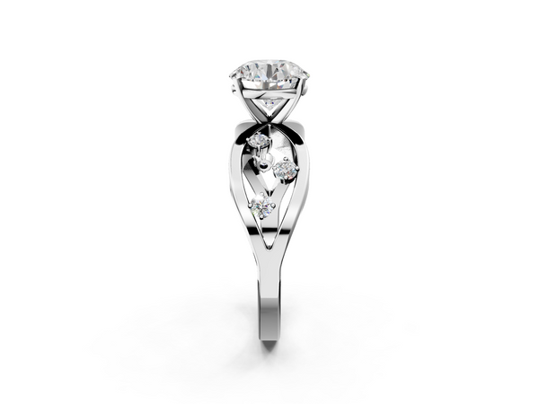 White gold Round Cut Solitaire Diamond with Side Stones on Criss-Cross Band and Four-Prong Setting