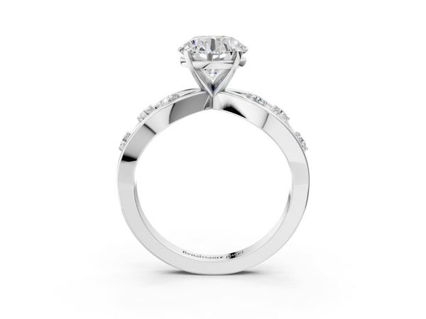 White gold Round Cut Solitaire Diamond with Side Stones on Criss-Cross Band and Four-Prong Setting