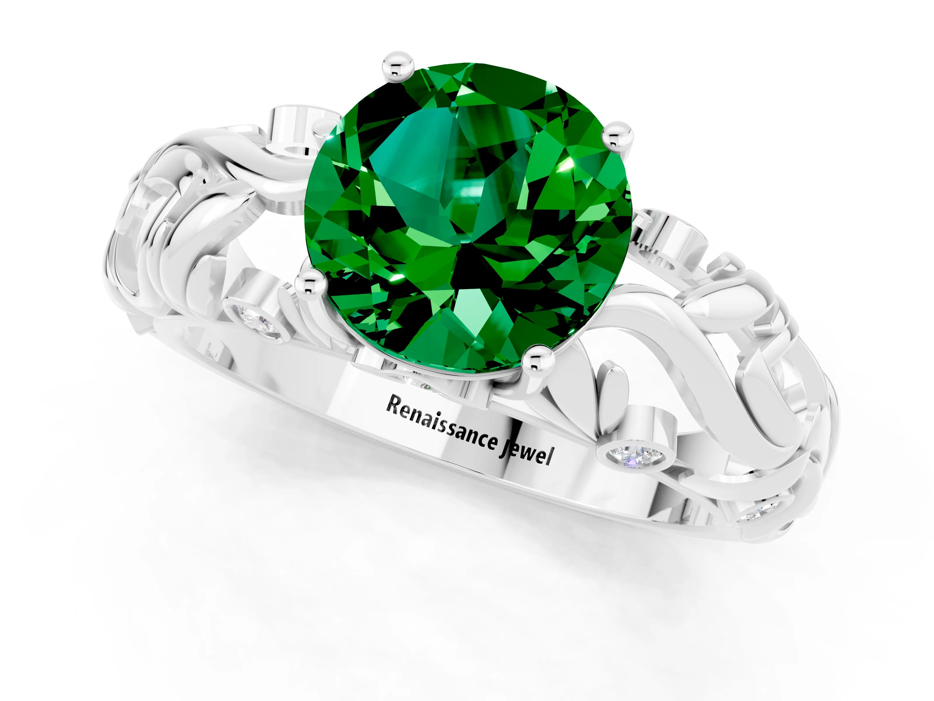 White gold Round Cut Solitaire Emerald Leaf-Inspired Vine Band Ring with Prong Setting_1