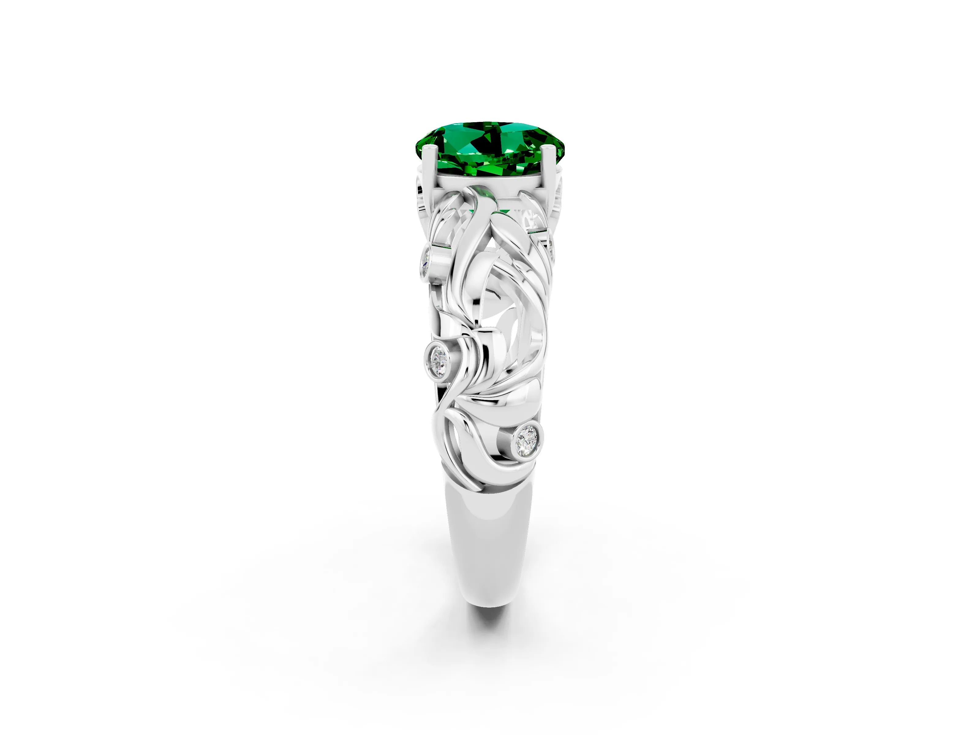 White gold Round Cut Solitaire Emerald Leaf-Inspired Vine Band Ring with Prong Setting_2