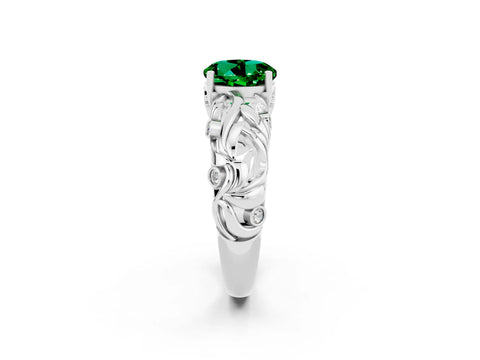White gold Round Cut Solitaire Emerald Leaf-Inspired Vine Band Ring with Prong Setting_2