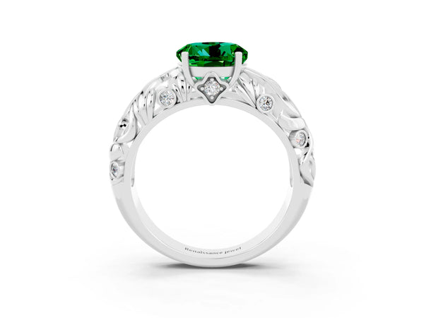Silver Round Cut Solitaire Emerald Leaf-Inspired Vine Band Ring with Prong Setting