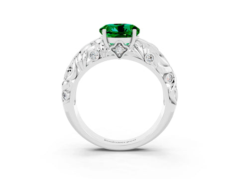 White gold Round Cut Solitaire Emerald Leaf-Inspired Vine Band Ring with Prong Setting_3