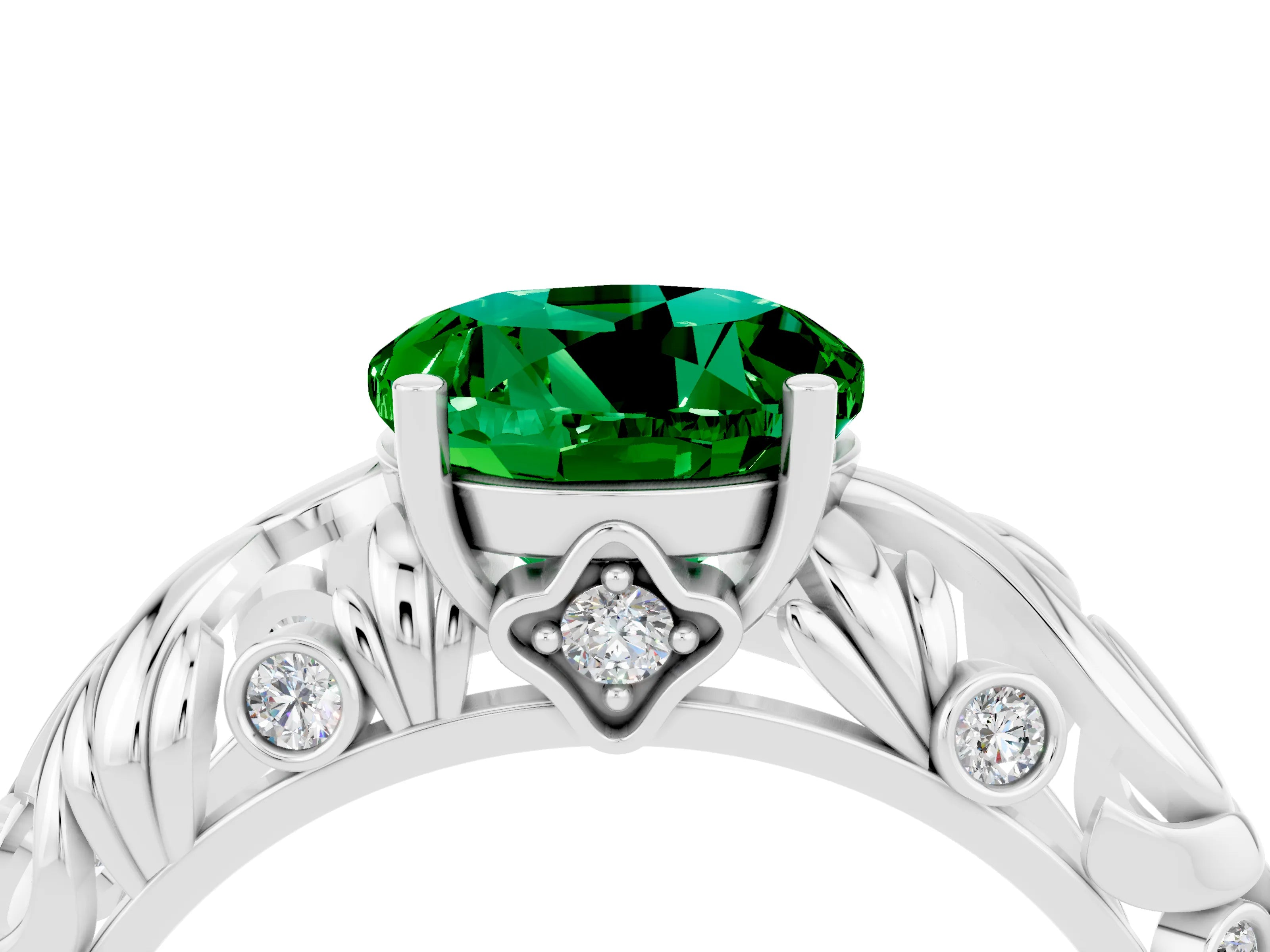 White gold Round Cut Solitaire Emerald Leaf-Inspired Vine Band Ring with Prong Setting_4