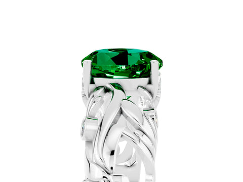 White gold Round Cut Solitaire Emerald Leaf-Inspired Vine Band Ring with Prong Setting_5